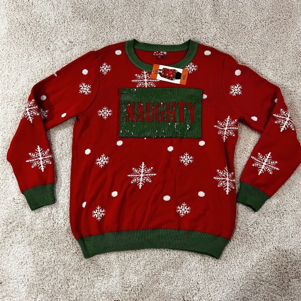 TO BE JOLLY Women’s Ugly Christmas Sweater Naughty/Nice Sequin NWT XXL